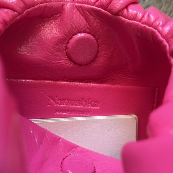 Nanushka Anja Mini Baguette Bag Pink Soft Patent Vegan Leather Gathered Purse - Picture 2 of 4